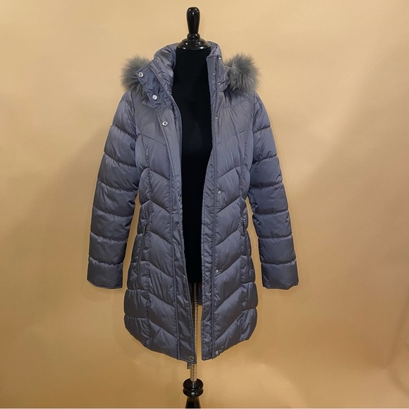 🛍️ Kenneth Cole New York Gray Chevron Puffer Long Winter Coat Jacket Fur Trim S - Picture 4 of 12